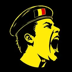 Circular black emblem with the Belgique Electronique face