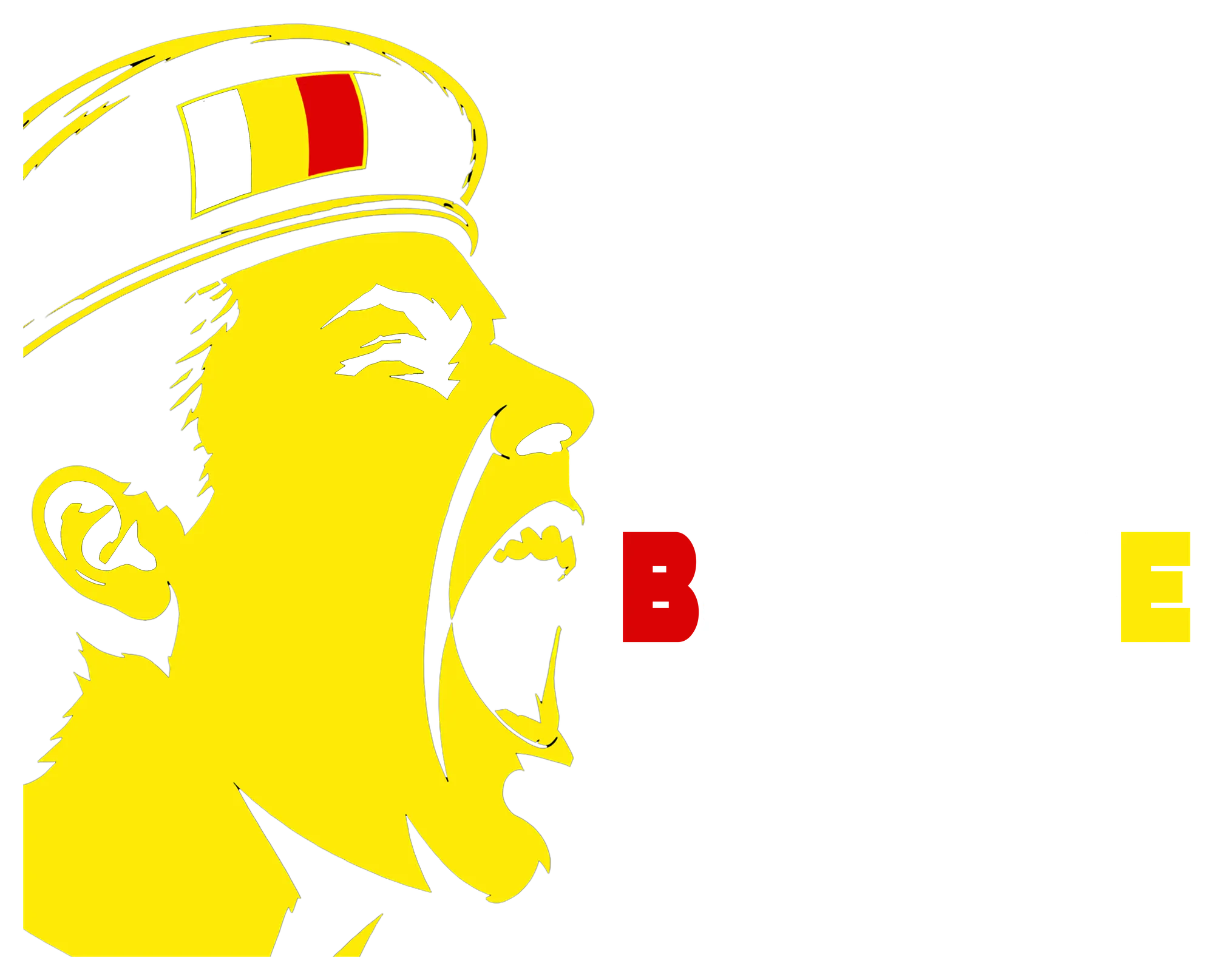 Belgique Electronique logo: screaming profile in a Belgian-flag cap beside stacked BELGIQUE ELECTRONIQUE lettering