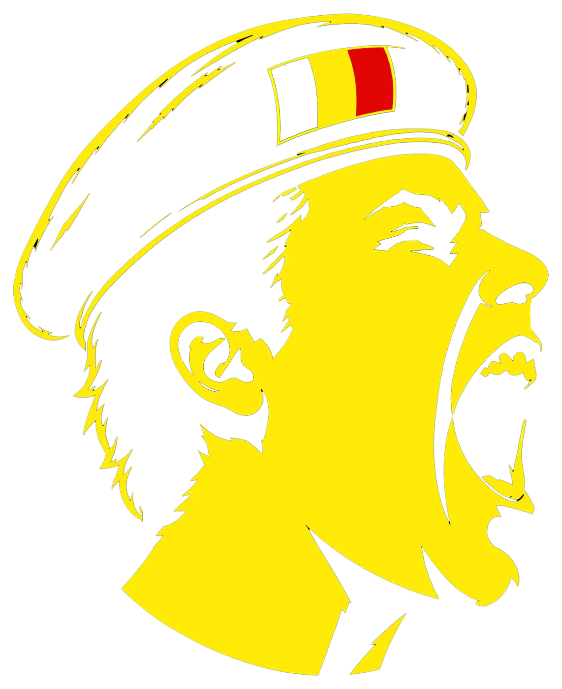 Screaming head profile in a Belgian-flag cap