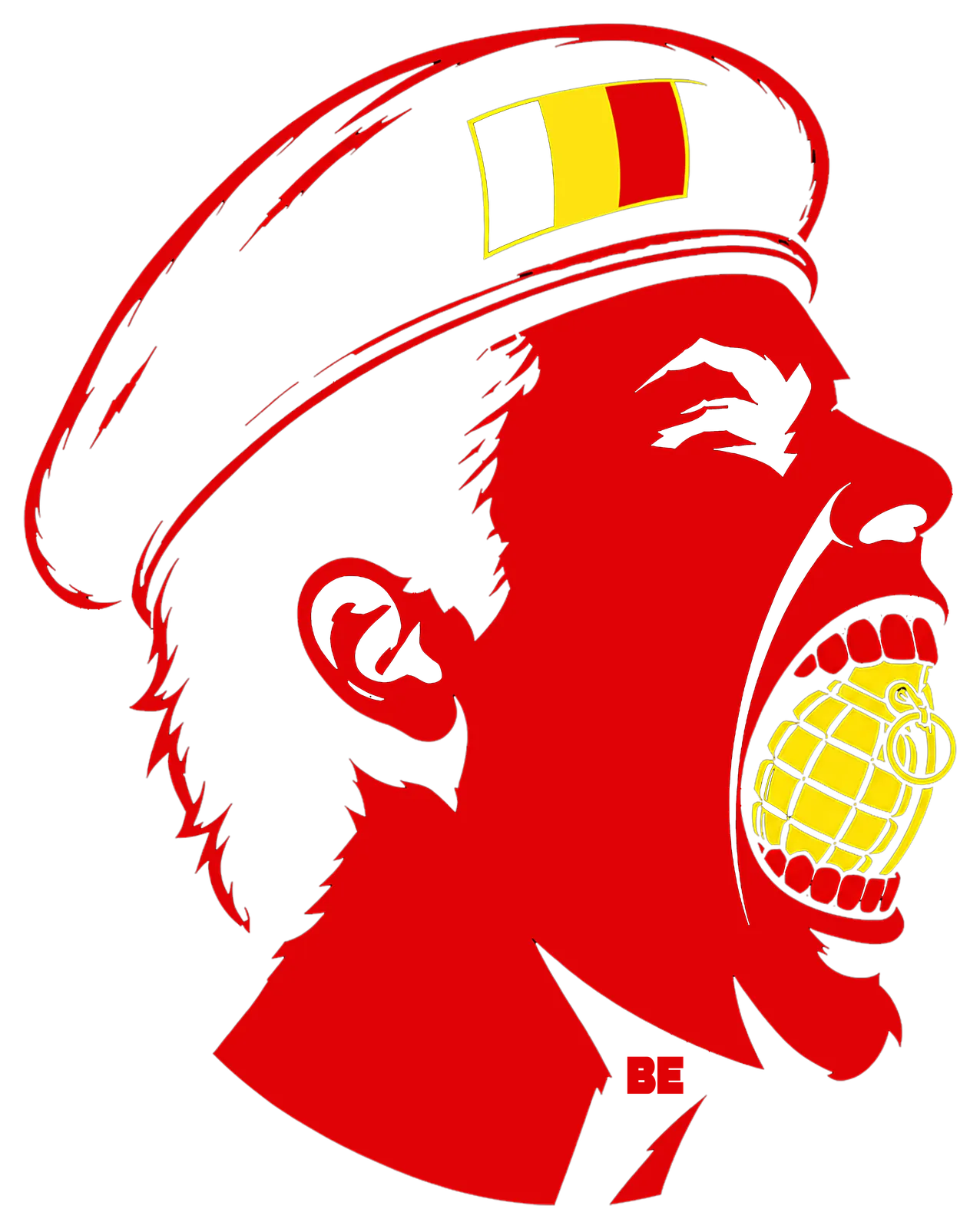 Belgique Electronique print design: a grenade with a screaming face, yellow and red on black