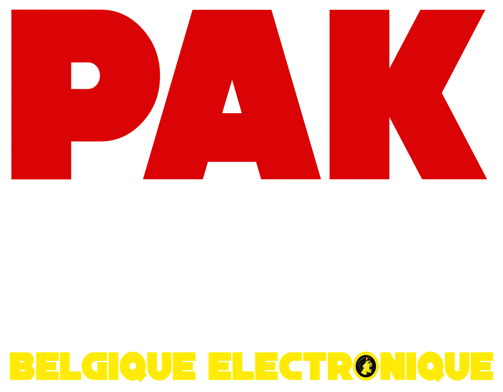 PAK FRIT print: PAK in red capitals above a fries cone, Belgique Electronique in yellow