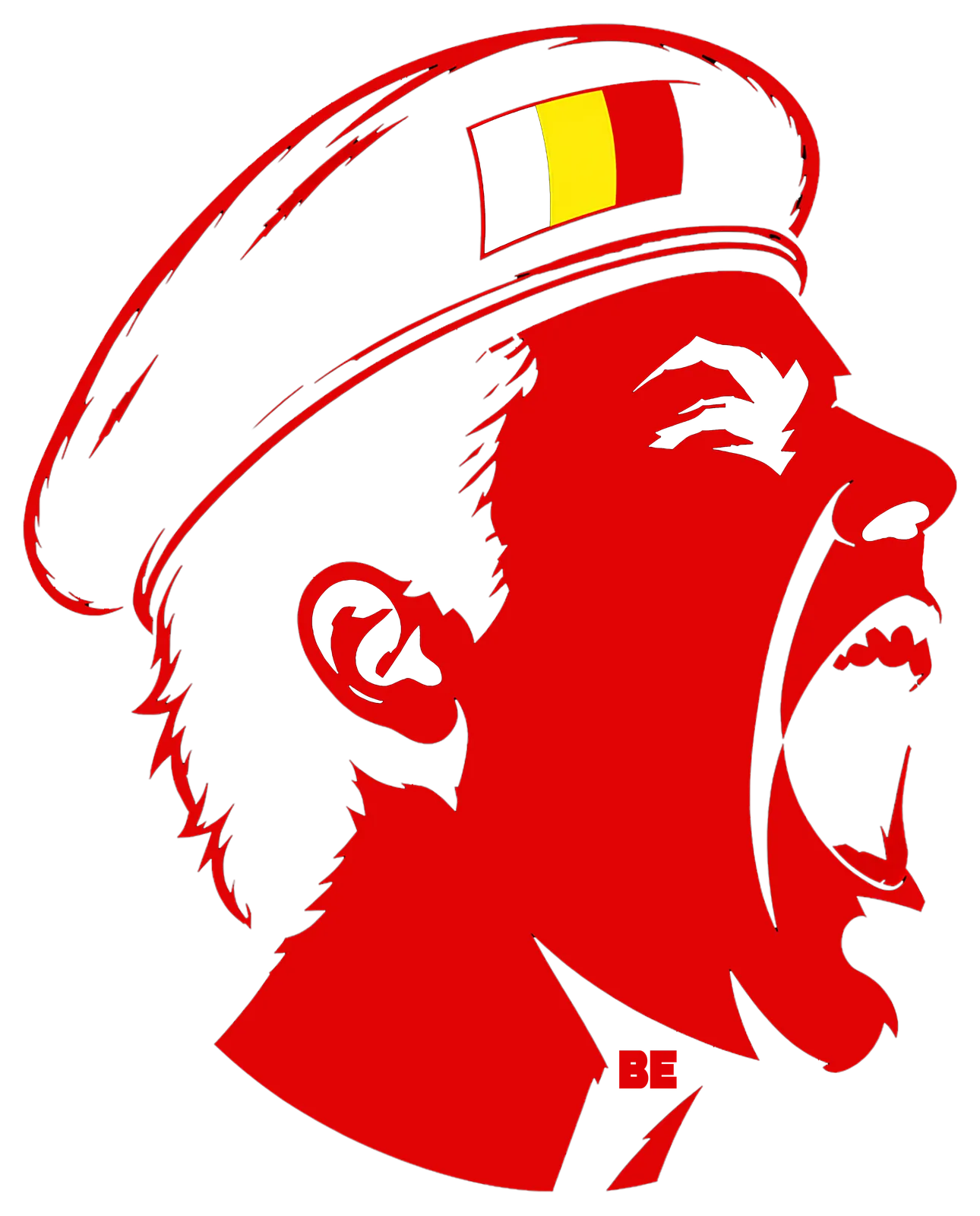 Screaming head profile in a Belgian-flag cap, red back print