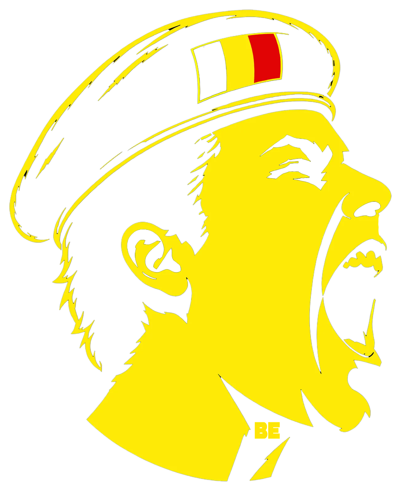 Belgique Electronique print design: screaming head profile in a Belgian-flag cap, yellow
