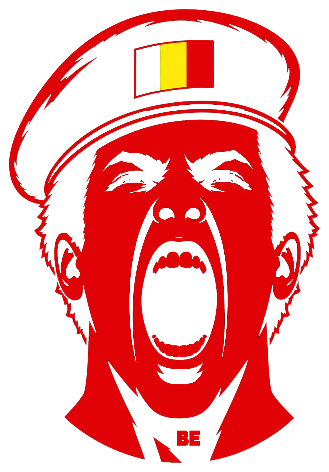 Front print: screaming figure in a Belgian-flag cap, red on black