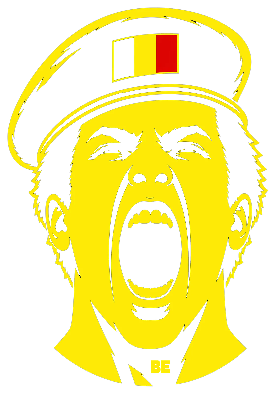 Front print of the Belgique Electronique tee: screaming figure in a Belgian-flag cap, yellow on black