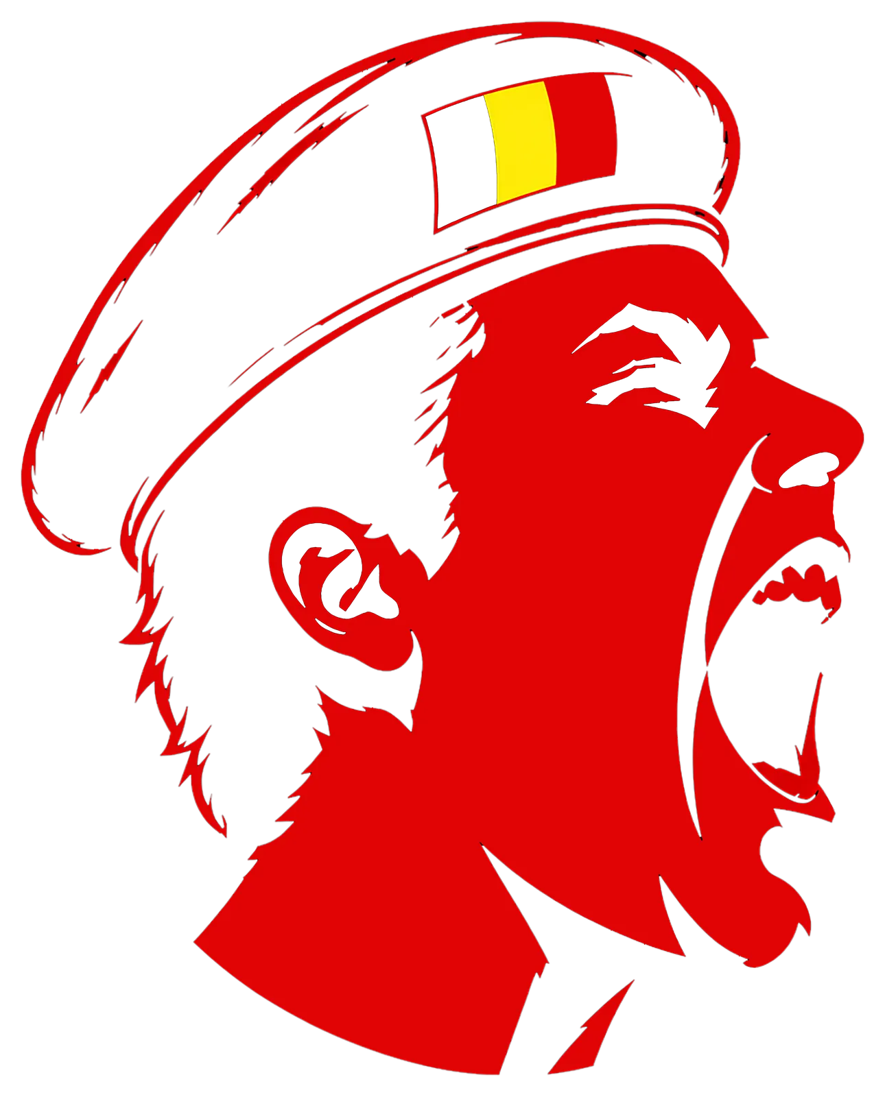 TIETER print: full figure in a Belgian-flag cap with TIETER in bold capitals, red on black